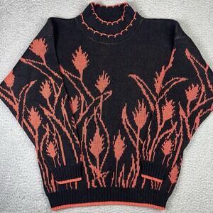 Vintage 90s Nan Dorsey Sweater Women's XL Black 100% Acrylic Floral Flowers